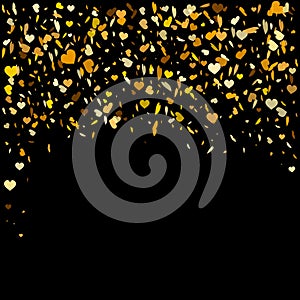 Flying heart confetti. Vector illustration for holiday design. Many flying golden hearts on black background. For wedding card, va