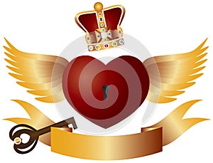 Flying Heart with Crown Jewels and Key