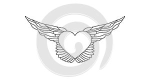 Flying heart with wings line illustration with  stroke.nLove concept. Tattoo Linear heraldic element. Vector illustration