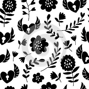 Flying hearts seamless pattern, hand drawn hearts, locks, flowers, leafs, polka dots