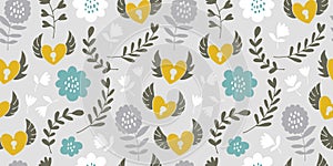 Flying hearts seamless pattern, hand drawn hearts, locks, flowers, leafs, polka dots