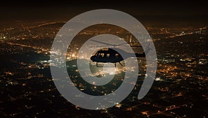 Flying helicopter hovers mid air over illuminated city skyline at dusk generated by AI