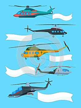 Flying helicopters with banners. Advertizing banners on avia transport photo