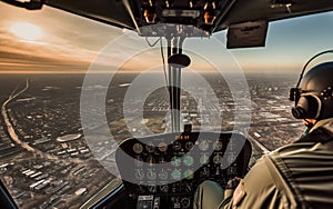 Flying High, A Military Pilot in the Cockpit of a Helicopter with a City View and Instrumentation, Generative AI