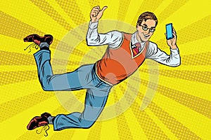 Flying hipster with a smartphone