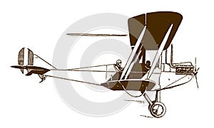 Flying historic two-seater biplane aircraft in side view