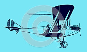 Flying historic two-seater biplane aircraft in side view. Illustration on a blue background after a lithography from the early