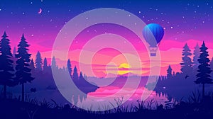 Flying hot air balloon, lake, coniferous forest on coast at sunset. Modern parallax background for 2d animation with