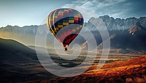 Flying hot air balloon over mountain range, extreme adventure sport generated by AI