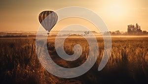 Flying hot air balloon over tranquil landscape generated by AI