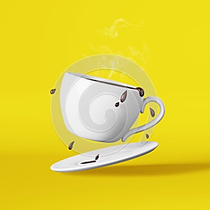 Flying hot chocolate porcelain cup splashes drops 3D rendering yellow. Floating fresh brewed steaming coffee cocoa drink