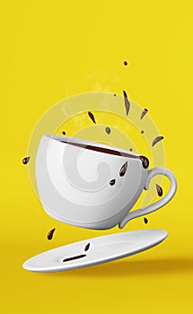 Flying hot chocolate porcelain cup splashes drops 3D rendering yellow. Floating fresh brewed steaming coffee cocoa drink