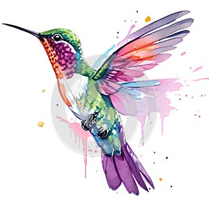 Flying Hummingbird isolated in white background. Watercolor painting