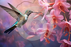 Flying hummingbird near blooming orchid