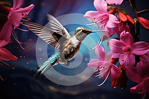 Flying hummingbird near blooming orchid