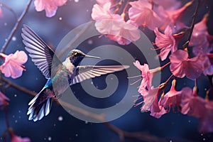 Flying hummingbird near blooming orchid