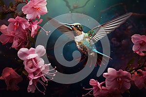 Flying hummingbird near blooming orchid