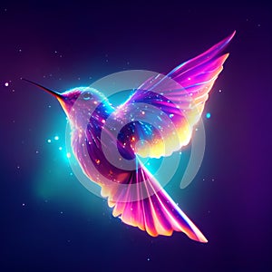 Flying hummingbird in neon light. Realistic colorful vector illustration. generative AI