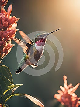 Flying hummingbird. Small colorful bird in flight.