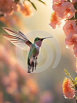 Flying hummingbird. Small colorful bird in flight.