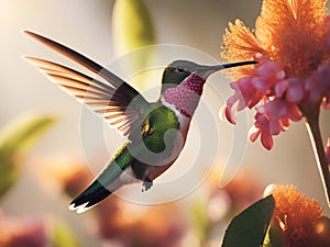 Flying hummingbird. Small colorful bird in flight.