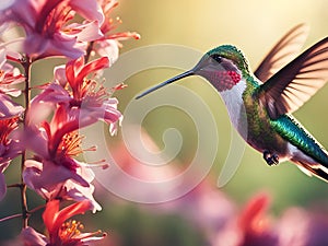 Flying hummingbird. Small colorful bird in flight.