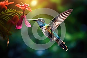 Flying hummingbird in tropical forest