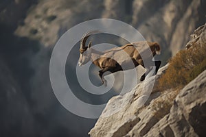 flying ibex in mid-air, its powerful legs propelling it above the cliff