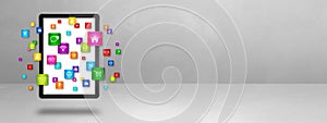Flying icons around a tablet PC. Cloud computing concept