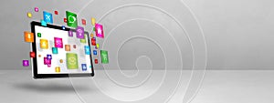 Flying icons around a tablet PC. Cloud computing concept