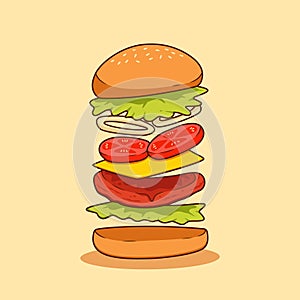 flying ingredient of burger fast food illustration with beef meat, cheese sheet, onion slice, tomato, lettuce and bun bread