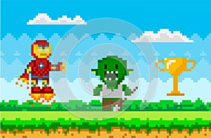 Flying iron man in jet boots near unknown evil monster. Pixelated cartoon robot is fighting zombie