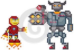 Flying iron man near mechanical character in armor. Pixelated cartoon characters are fighting