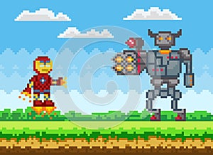 Flying iron man near mechanical character in armor. Pixelated robots are fighting outdoors