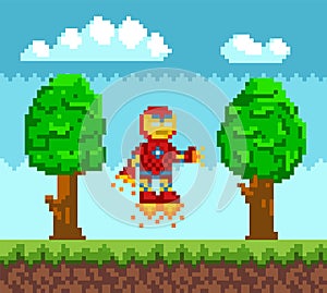 Flying iron man, robot in red metal suit with armor. Bot in jet boots with fire vector illustration