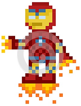 Flying iron man, robot in red metal suit. Pixelated cartoon character in jet boots with fire