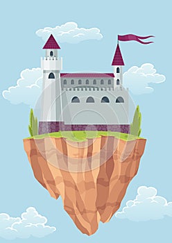 Flying island fairy tale castle. Cartoon fantasy palace with towers, vector medieval fort or fortress. Fairy tale