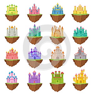 Flying islands with fairytale castles set. Fantasy princess castle cartoon vector