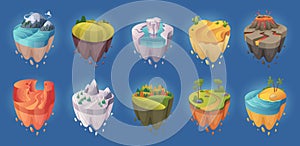 Flying islands. Isometric game backgrounds nature fantasy landscapes oceans rivers trees and rocks exact vector