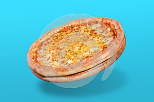 Flying italian cheese pizza, on turquoise punchy background, concept