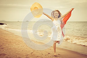 Flying jump beach girl on blue sea shore