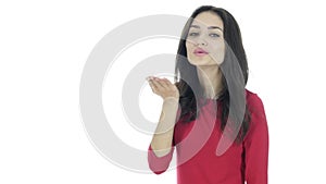 Flying Kiss by Beautiful Brunette Woman, White Background