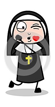 Flying Kiss - Cartoon Nun Lady Vector Illustration