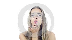Flying Kiss by Young Beautiful Woman, White Background,Young,,,,