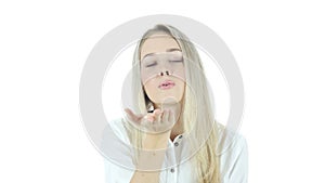 Flying Kiss by Young Beautiful Woman, White Background,Young