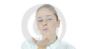 Flying Kiss by Young Beautiful Woman, White Background,Young