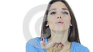 Flying Kiss by Young Brunette Woman, White Background,Young