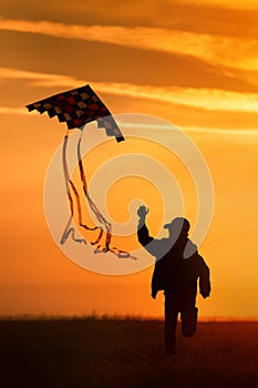 Flying a kite. The boy runs across the field with a kite. Bright sunset