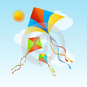 Flying Kite and Clouds on a Blue Sky Summer Concept Background. Vector