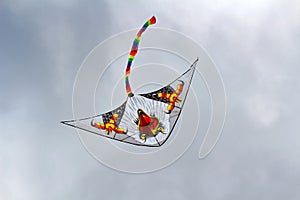 Flying kite on the cloudy blue sky background